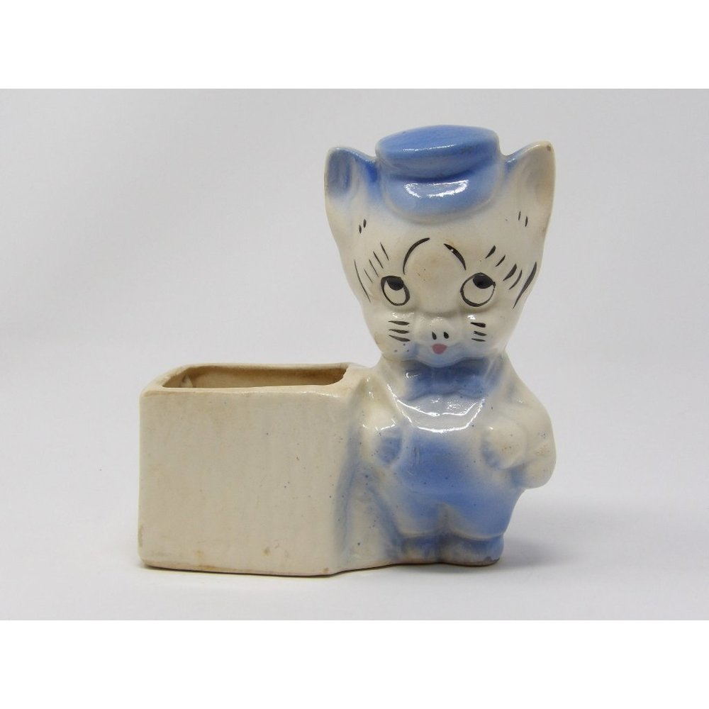 Vintage Planter Anthropomorphic Pig Blue Hat, Bow Tie Overalls 5 1/2" H x 5 1/2"